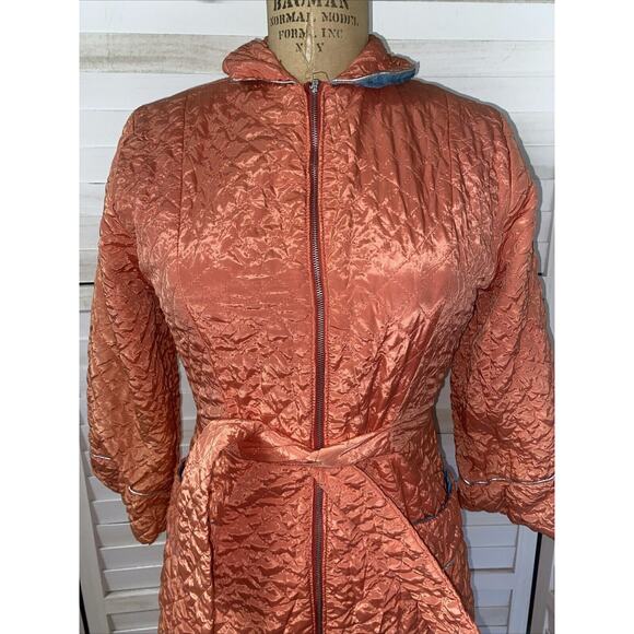 Vintage 50s 60s Orange Satin Quilted Zipper Front & Tie Robe Lined Full Length S - Picture 2 of 11